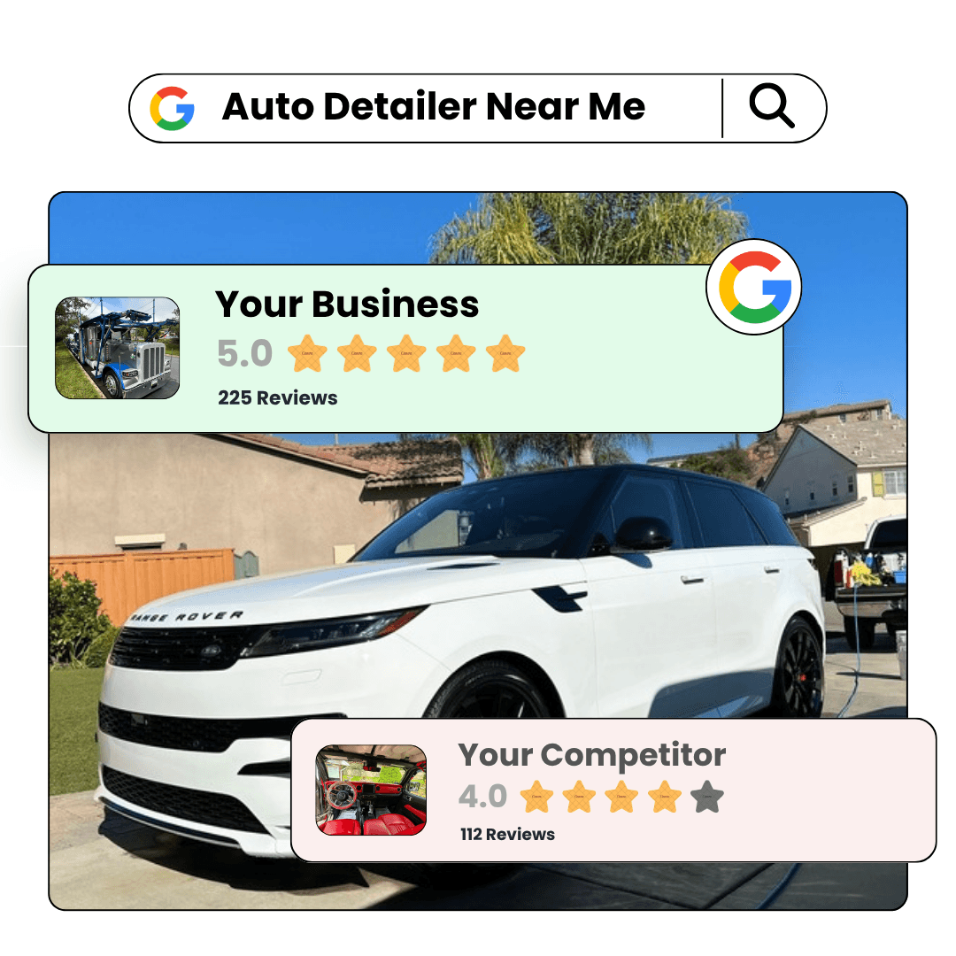 Google search result: your business shown with a 5.0 star rating and 225 reviews, winning the click over a lower-rated competitor.