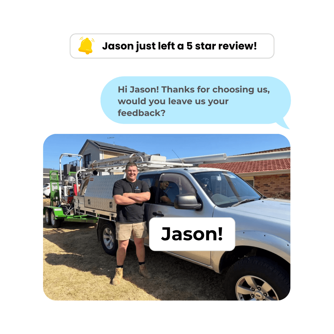 A personalised review request: a job-site photo of the business owner with the customer's name, Jason, overlaid and a friendly message asking for feedback.