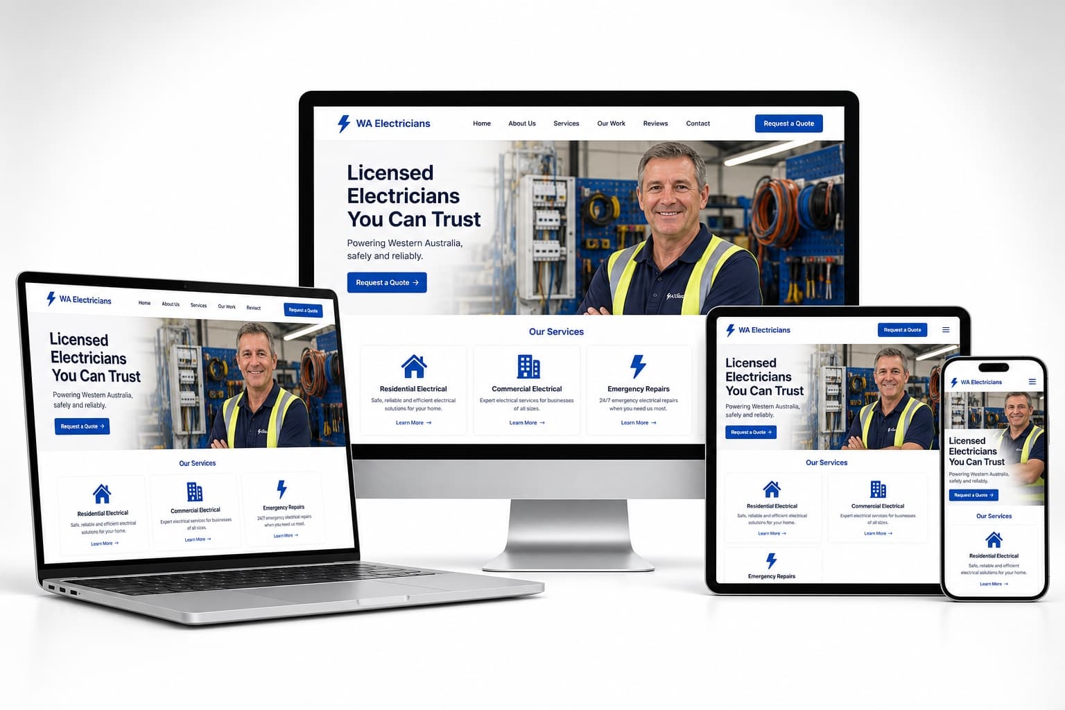 A premium custom website built by EZmate AI, shown responsively across desktop, laptop, tablet, and phone.