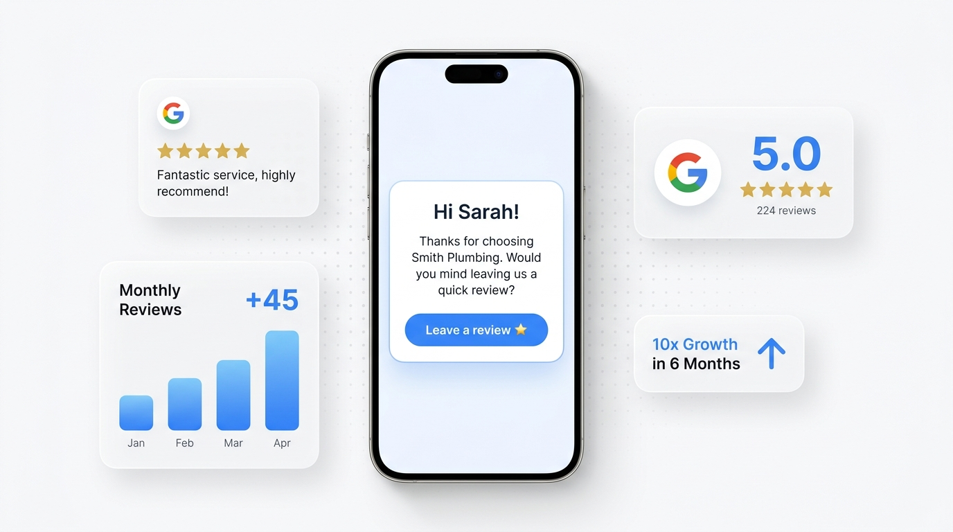 EZmate AI sends a personalised review request to a customer's phone; floating cards show 5.0 Google rating with 224 reviews, +45 monthly reviews, and 10x growth in 6 months
