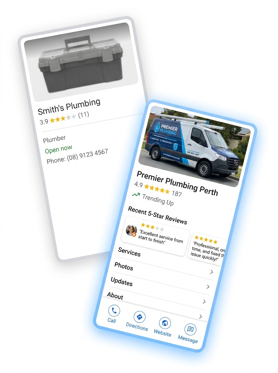 Side-by-side Google Business Profile comparison: a sparse 3.9-star profile next to a competitor's rich 4.9-star profile with 187 reviews