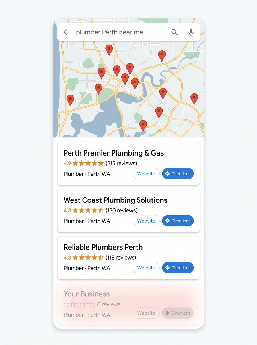 Google Maps local pack showing competitors with hundreds of reviews while Your Business sits faded at the bottom with zero reviews