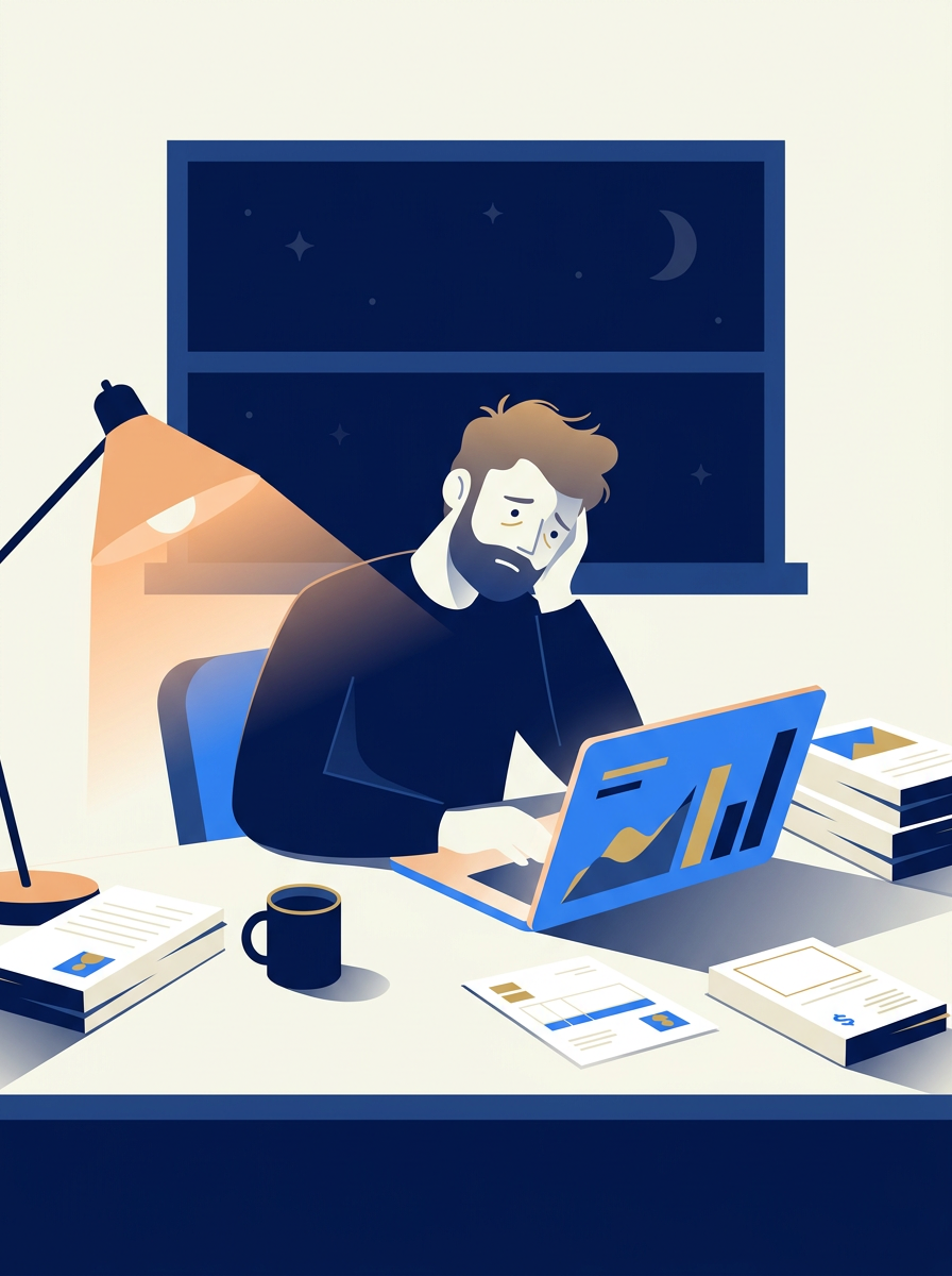 Illustration of a tired small business owner working at his desk late at night